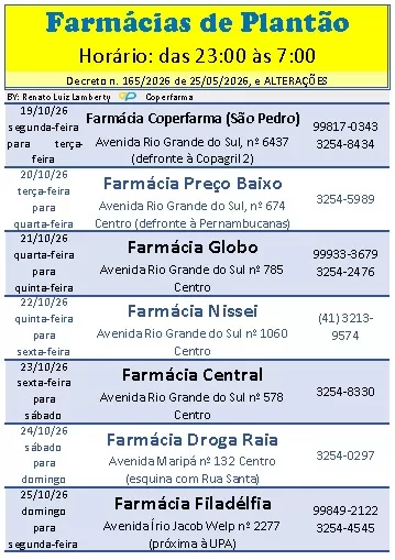 Escala apresenta as sete farmácias responsáveis pelo atendimento noturno em Marechal Cândido Rondon de 19 a 25 de outubro. (Imagem: Divulgação)