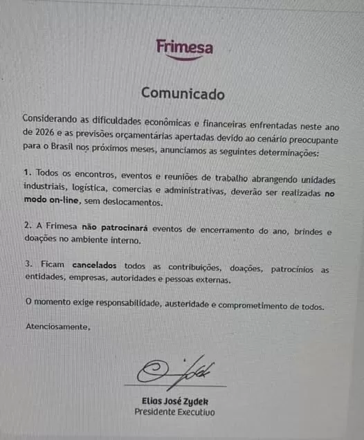 Frimesa anuncia restrições a despesas e cancela contribuições externas