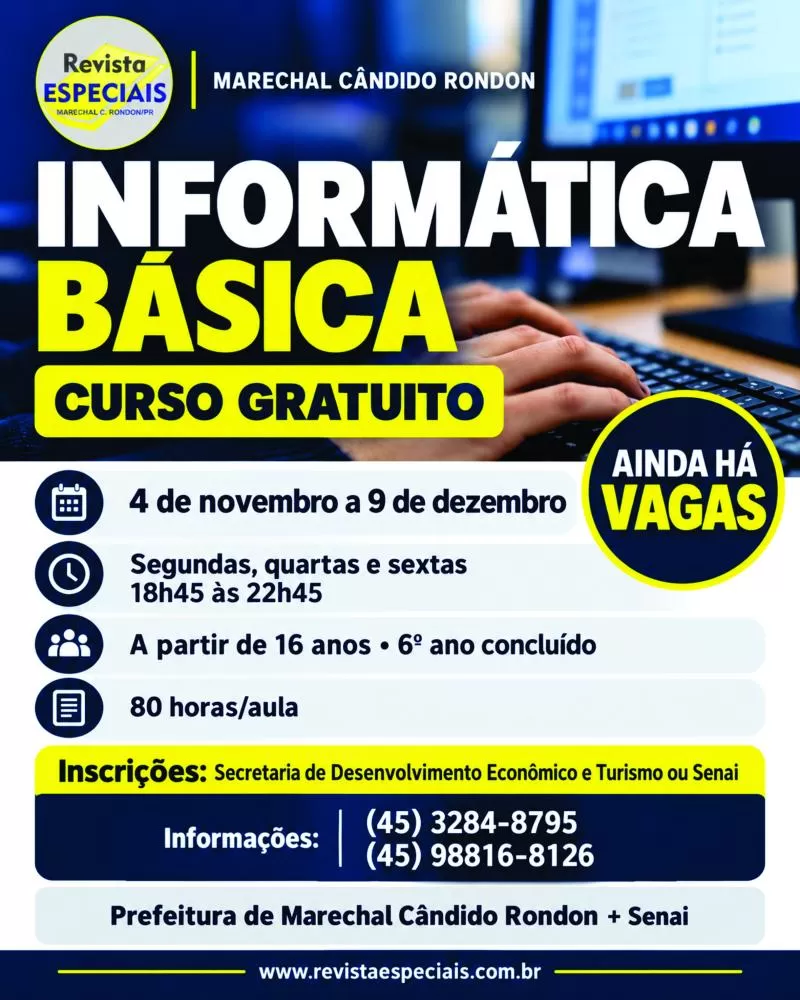 Capacitação gratuita de Informática Básica recebe inscrições para turma com início em 4 de novembro. (Imagem: Revista Especiais)