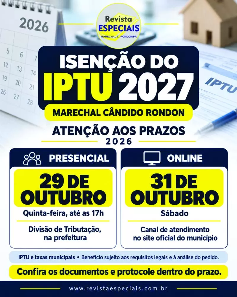Pedidos presenciais de isenção do IPTU e de taxas de 2027 devem ser protocolados na Divisão de Tributação até quinta-feira (29). (Imagem: Revista Especiais)